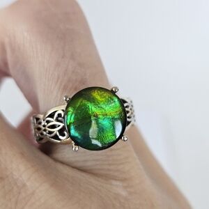 Rare Natural Ammolite Ring Sterling Silver & Platinum Finish. Size 8